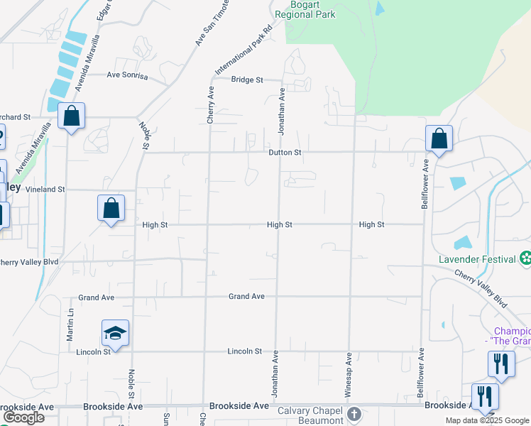 map of restaurants, bars, coffee shops, grocery stores, and more near High Street in Cherry Valley