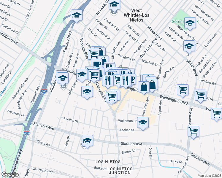 map of restaurants, bars, coffee shops, grocery stores, and more near 8121 Broadway in Whittier