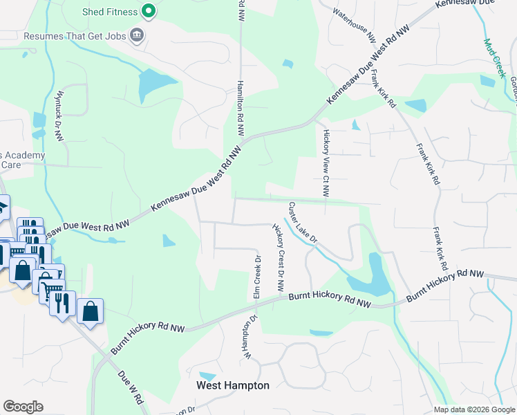 map of restaurants, bars, coffee shops, grocery stores, and more near 3330 Hickory Crest Drive Northwest in Marietta