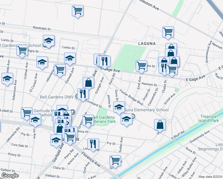 map of restaurants, bars, coffee shops, grocery stores, and more near 6624 Perry Road in Bell Gardens