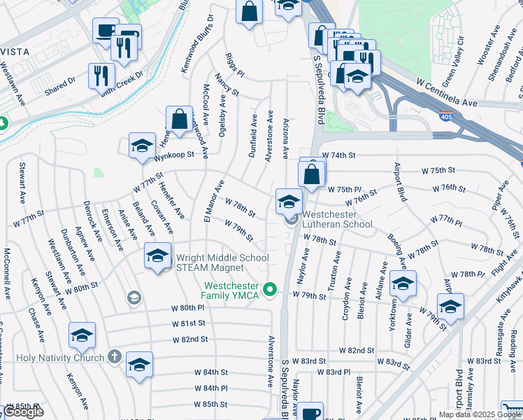 map of restaurants, bars, coffee shops, grocery stores, and more near 6338 West 78th Street in Los Angeles