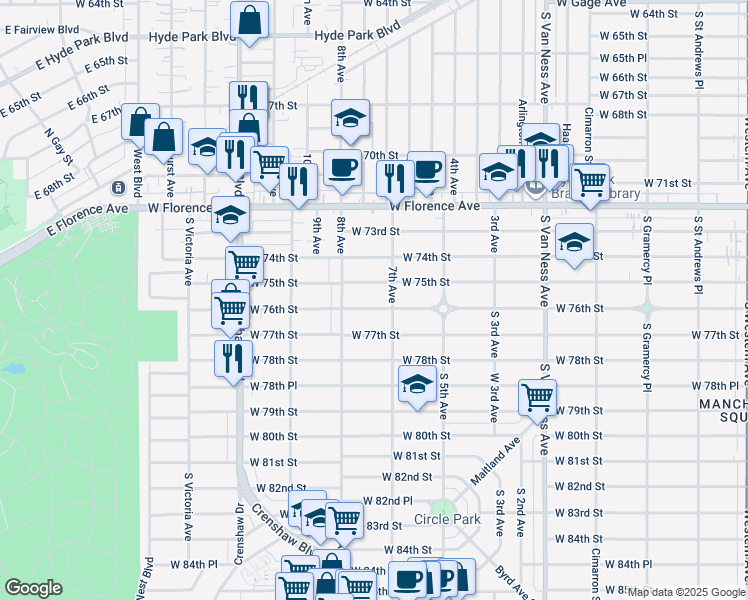 map of restaurants, bars, coffee shops, grocery stores, and more near 2923 West 76th Street in Los Angeles