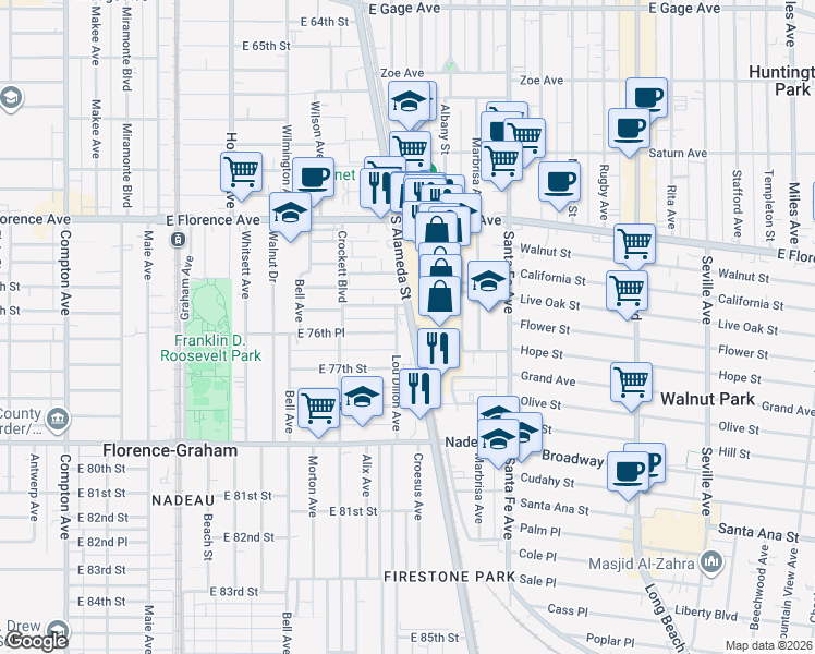 map of restaurants, bars, coffee shops, grocery stores, and more near 7619 South Alameda Street in Los Angeles