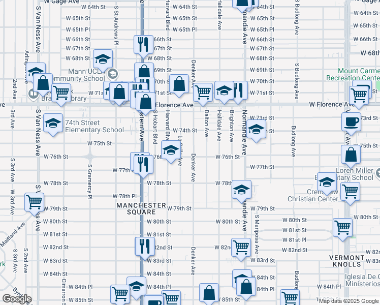 map of restaurants, bars, coffee shops, grocery stores, and more near 7527 South Denker Avenue in Los Angeles
