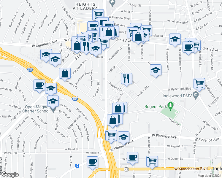 map of restaurants, bars, coffee shops, grocery stores, and more near 616 Kew Street in Inglewood