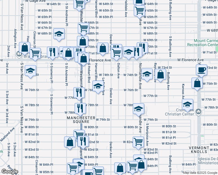 map of restaurants, bars, coffee shops, grocery stores, and more near 7527 South Denker Avenue in Los Angeles