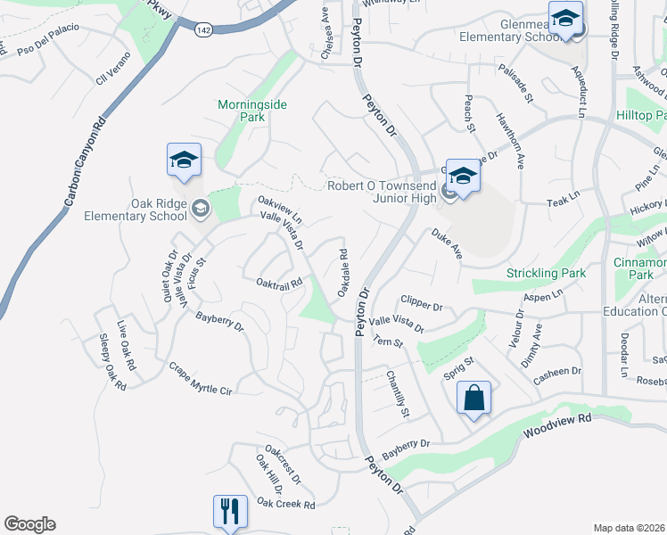 map of restaurants, bars, coffee shops, grocery stores, and more near 3245 Oakleaf Court in Chino Hills