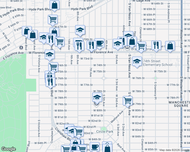 map of restaurants, bars, coffee shops, grocery stores, and more near 2622 West 76th Street in Inglewood