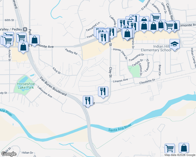 map of restaurants, bars, coffee shops, grocery stores, and more near 8265 Perada Street in Jurupa Valley