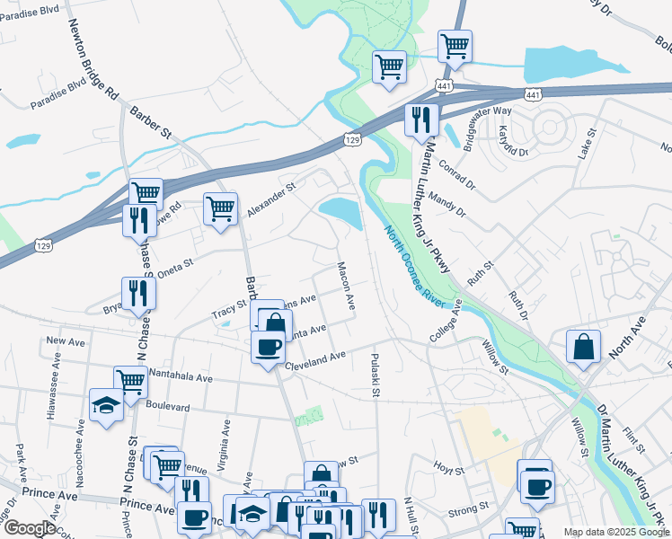 map of restaurants, bars, coffee shops, grocery stores, and more near 487 Athens Avenue in Athens