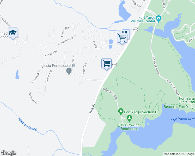 map of restaurants, bars, coffee shops, grocery stores, and more near 15 Matthews School Road in Winder
