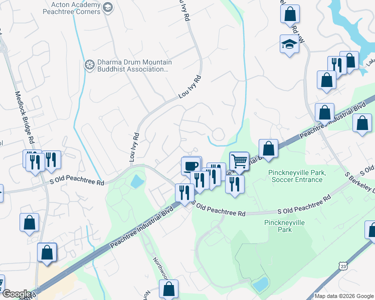 map of restaurants, bars, coffee shops, grocery stores, and more near 3285 Kittiwake Circle in Norcross