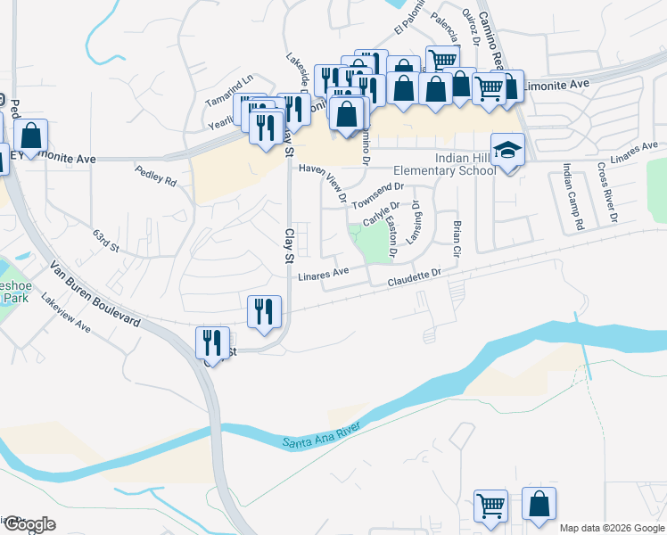 map of restaurants, bars, coffee shops, grocery stores, and more near 8140 David Way in Riverside