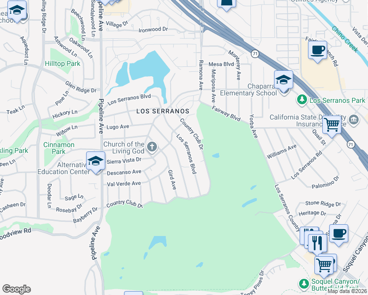 map of restaurants, bars, coffee shops, grocery stores, and more near 4420 Lugo Avenue in Chino Hills