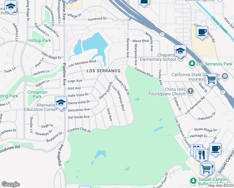 map of restaurants, bars, coffee shops, grocery stores, and more near 4441 Los Serranos Boulevard in Chino Hills