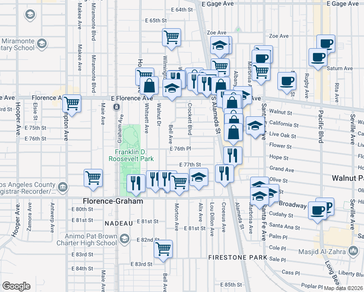 map of restaurants, bars, coffee shops, grocery stores, and more near 1933 East 77th Street in Los Angeles