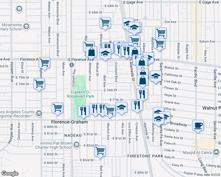 map of restaurants, bars, coffee shops, grocery stores, and more near 1933 East 77th Street in Los Angeles