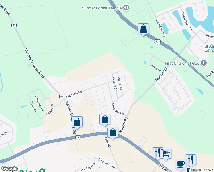 map of restaurants, bars, coffee shops, grocery stores, and more near 1749 Mossberg Drive in Sumter