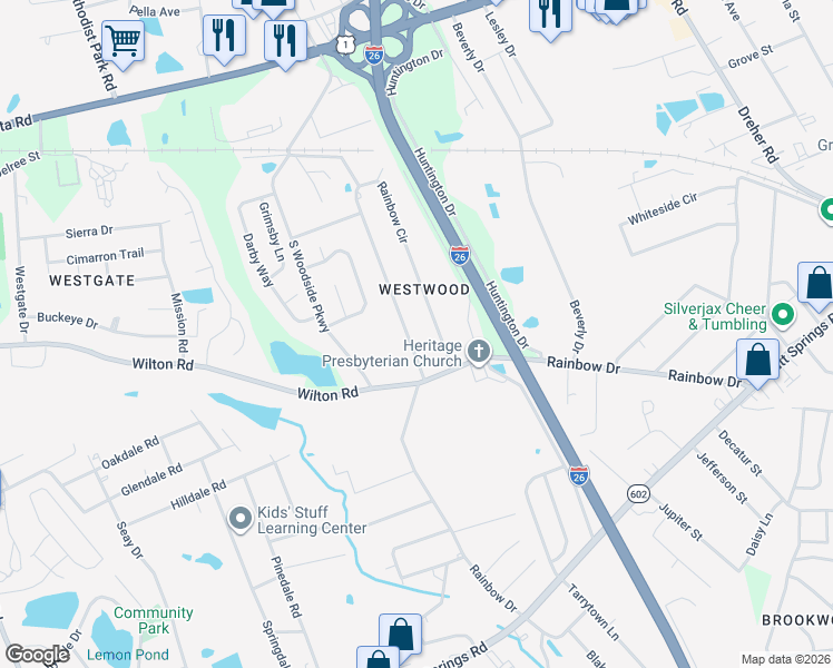 map of restaurants, bars, coffee shops, grocery stores, and more near 593 Rainbow Circle in West Columbia