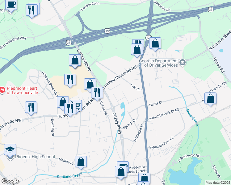 map of restaurants, bars, coffee shops, grocery stores, and more near 517 Anderson Drive in Lawrenceville