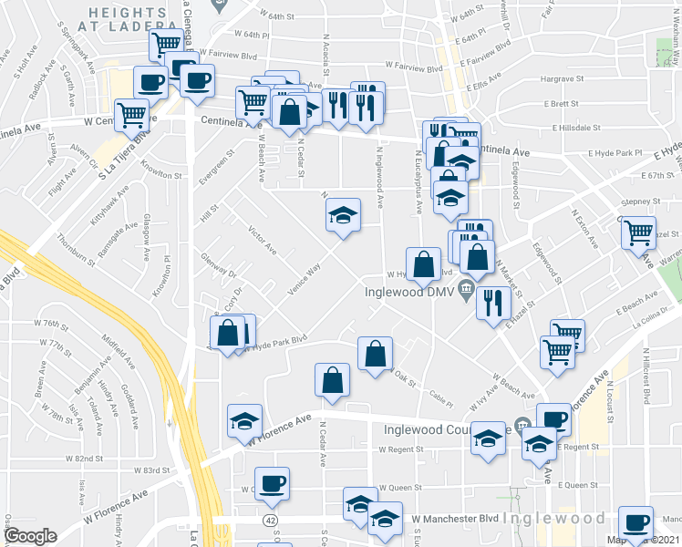 map of restaurants, bars, coffee shops, grocery stores, and more near 716 West Beach Avenue in Inglewood