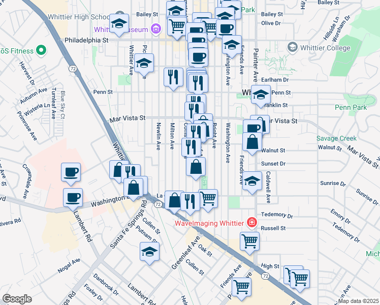 map of restaurants, bars, coffee shops, grocery stores, and more near 7718 Comstock Avenue in Whittier