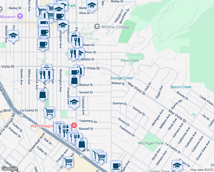 map of restaurants, bars, coffee shops, grocery stores, and more near 13758 Walnut Street in Whittier