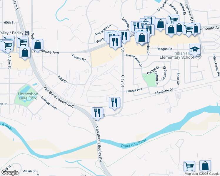 map of restaurants, bars, coffee shops, grocery stores, and more near 8217 Perada Street in Jurupa Valley