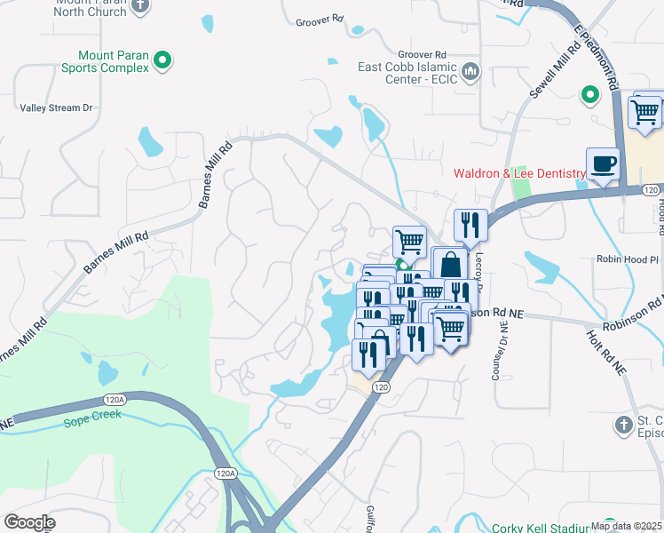 map of restaurants, bars, coffee shops, grocery stores, and more near 2000 East Lake Parkway in Marietta