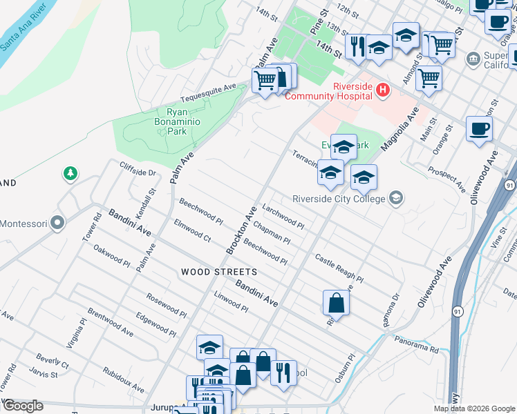 map of restaurants, bars, coffee shops, grocery stores, and more near 4085 Chapman Place in Riverside