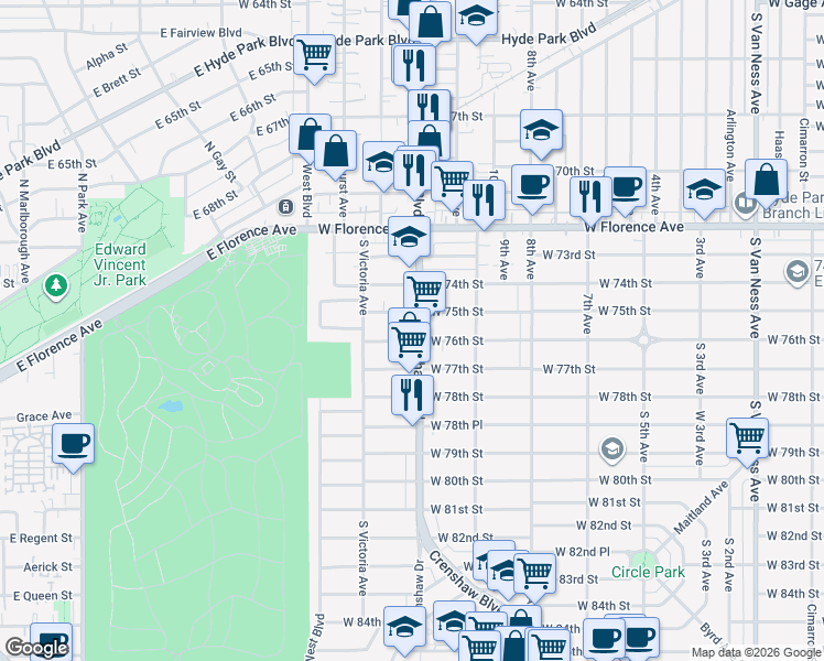 map of restaurants, bars, coffee shops, grocery stores, and more near 7521 Crenshaw Boulevard in Los Angeles