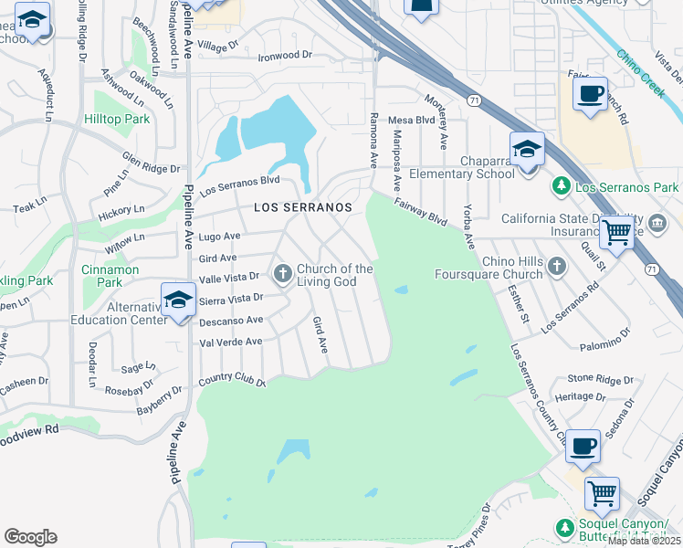 map of restaurants, bars, coffee shops, grocery stores, and more near 4441 Los Serranos Boulevard in Chino Hills