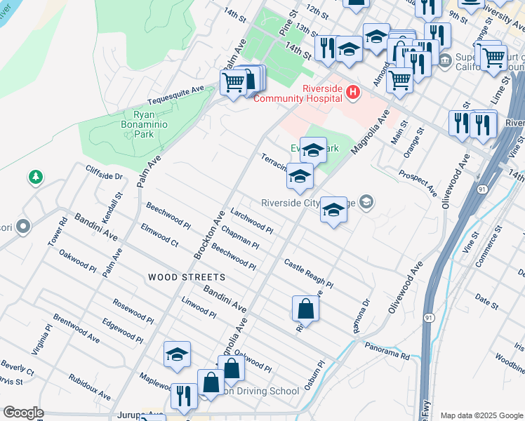 map of restaurants, bars, coffee shops, grocery stores, and more near 3956 Ramona Drive in Riverside