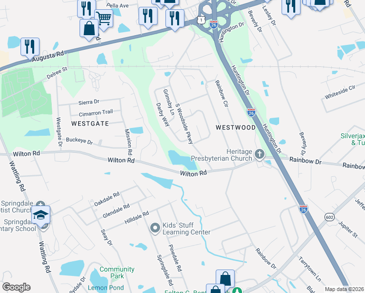 map of restaurants, bars, coffee shops, grocery stores, and more near 245 Darby Way in West Columbia