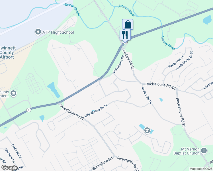 map of restaurants, bars, coffee shops, grocery stores, and more near 1077 Old Athens Road in Lawrenceville