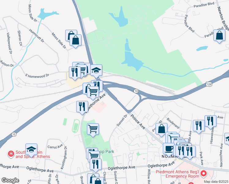 map of restaurants, bars, coffee shops, grocery stores, and more near 2350 Prince Avenue in Athens
