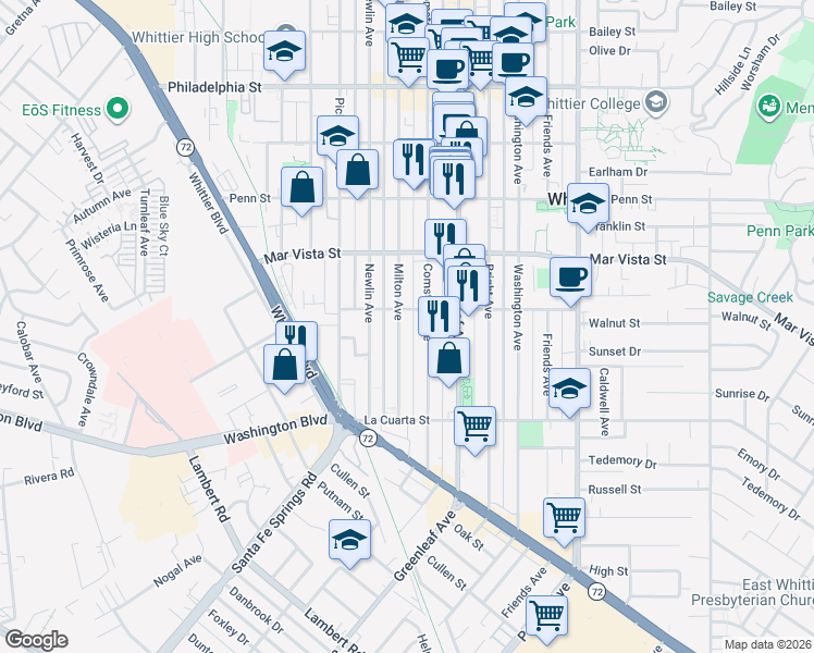 map of restaurants, bars, coffee shops, grocery stores, and more near 7668 Milton Avenue in Whittier