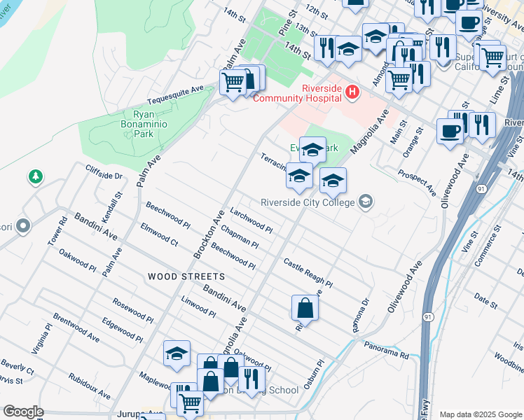 map of restaurants, bars, coffee shops, grocery stores, and more near 3956 Ramona Drive in Riverside