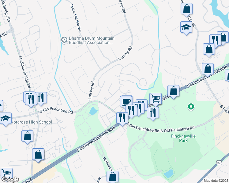 map of restaurants, bars, coffee shops, grocery stores, and more near 4915 Avocet Drive Northwest in Norcross