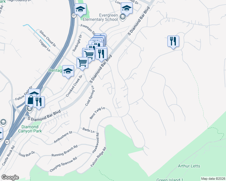 map of restaurants, bars, coffee shops, grocery stores, and more near 2970 Malaga Circle in Diamond Bar