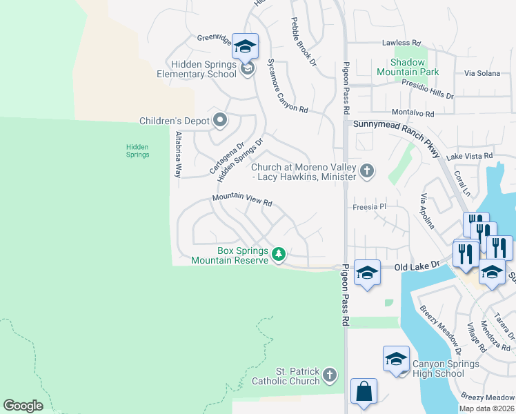 map of restaurants, bars, coffee shops, grocery stores, and more near 10319 Tributary Drive in Moreno Valley
