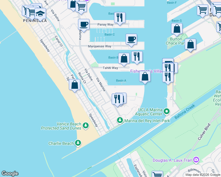 map of restaurants, bars, coffee shops, grocery stores, and more near 4676 Admiralty Way in Marina del Rey