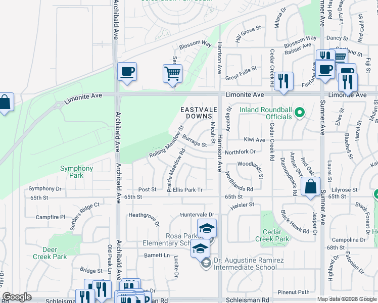 map of restaurants, bars, coffee shops, grocery stores, and more near 6383 Golden Bit Street in Corona