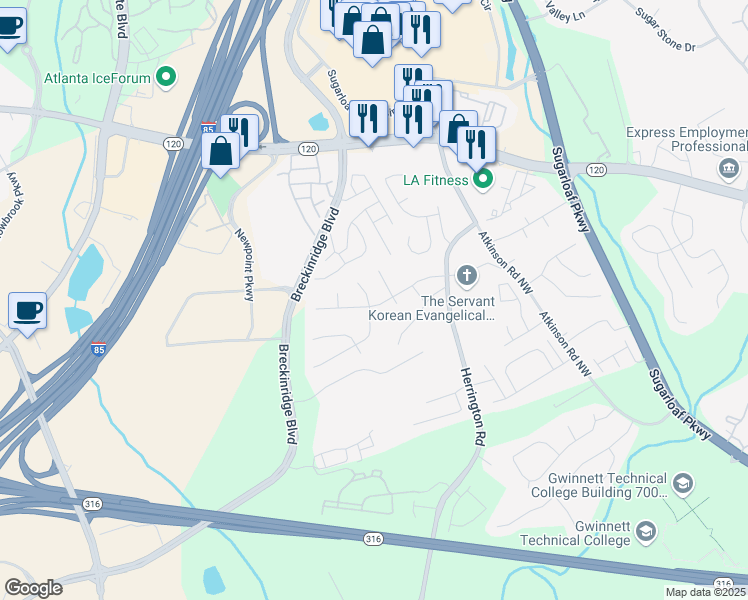 map of restaurants, bars, coffee shops, grocery stores, and more near 2133 Atkinson Lane in Lawrenceville
