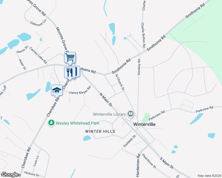 map of restaurants, bars, coffee shops, grocery stores, and more near 355 Winter Street in Winterville