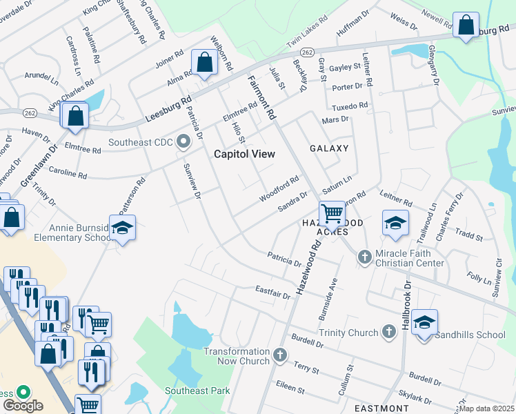 map of restaurants, bars, coffee shops, grocery stores, and more near 1640 Woodford Road in Columbia