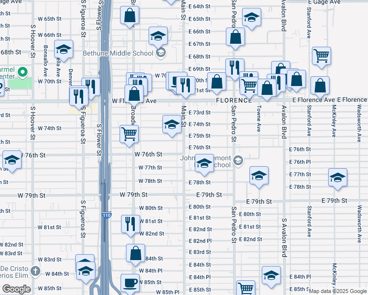 map of restaurants, bars, coffee shops, grocery stores, and more near S Main St & E 76th St in Los Angeles