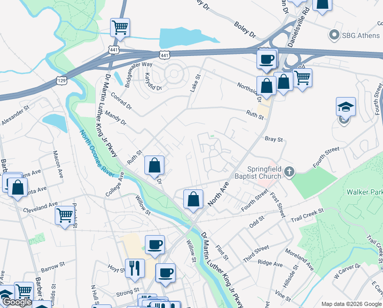 map of restaurants, bars, coffee shops, grocery stores, and more near 200 Burnett Street in Athens