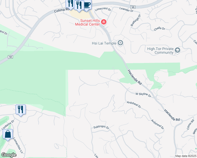 map of restaurants, bars, coffee shops, grocery stores, and more near Casalero Drive in La Habra Heights