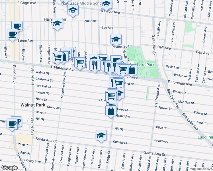 map of restaurants, bars, coffee shops, grocery stores, and more near 3109 Walnut Street in Huntington Park